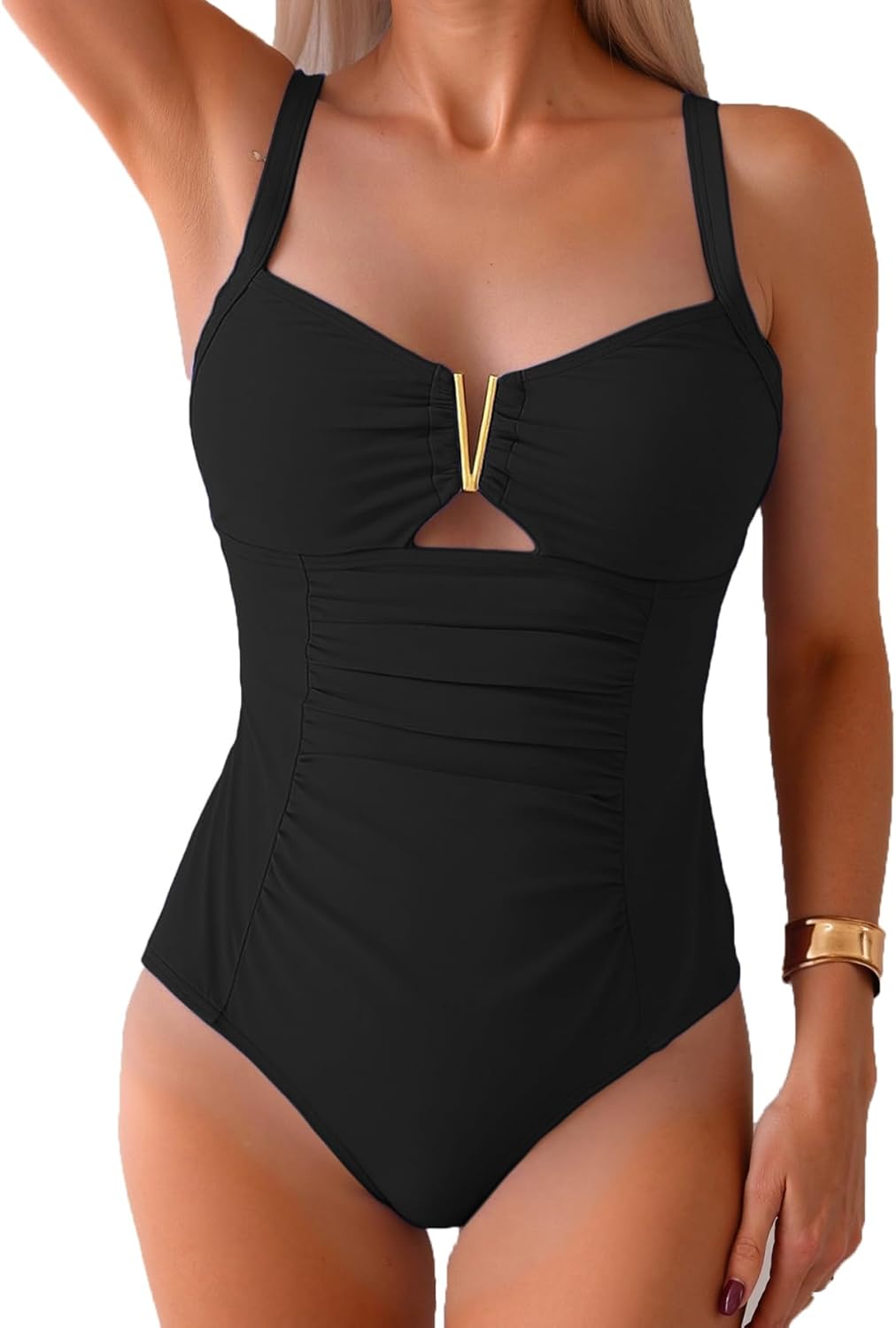 Limeeke Women's Tummy Control One Piece Swimsuit Sexy V-Wire Cut Out Bathing Suit Ruched Slimming Swimwear